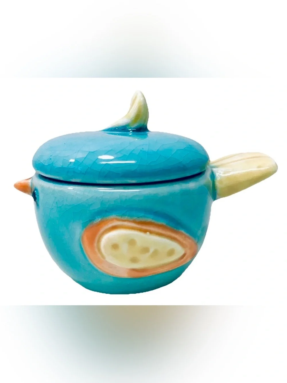 Vintage Blue Bird Yellow Tailed Lidded Crackle Glaze Ceramic Trinket Box Jar